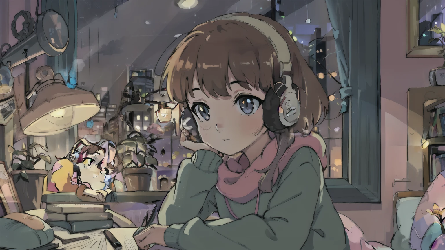 girl listening to music in cozy room at night,using headphones,2D anime style,lofi aesthetic,detailed facial features,sitting on bed,focused expression,long hair,bedroom interior,warm lighting,nightstand,framed artwork,potted plant,fairy lights,pastel colors,soft textures,high quality,4k,masterpiece,ultra-detailed,vibrant colors,digital painting