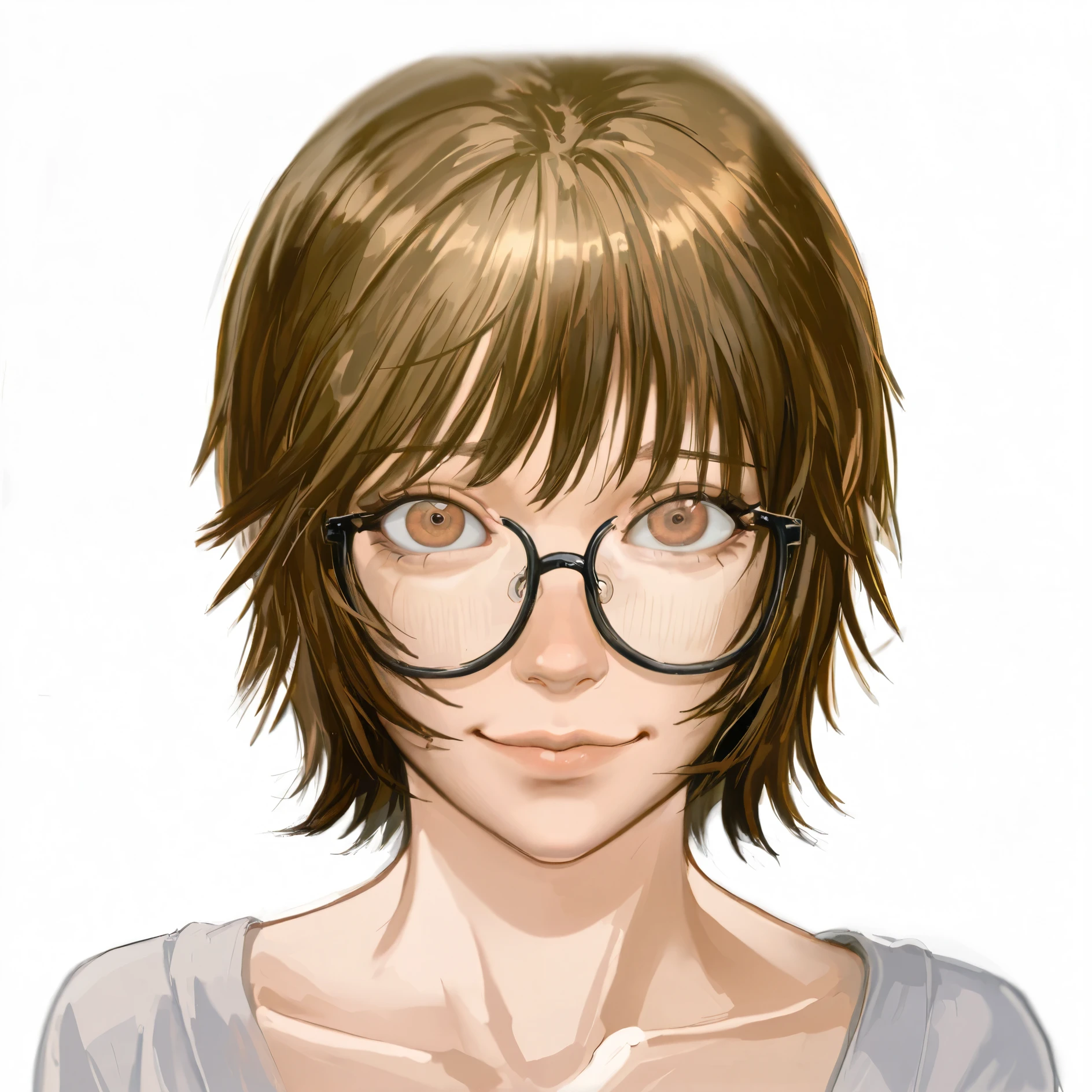 (masterpiece), best quality, expressive eyes, perfect face, a close up of a person with glasses on a white background, semirealistic anime style, anime style portrait, seinen manga portrait, molly from the novel neuromancer, molly from neuromancer, realistic self portrait, face anime portrait, anime portrait, anime style character, realistic anime face, anime realism style, digital anime illustration, yayoi kasuma, (brown eyes, brown hair)l, innocent gaze, innocent smile)