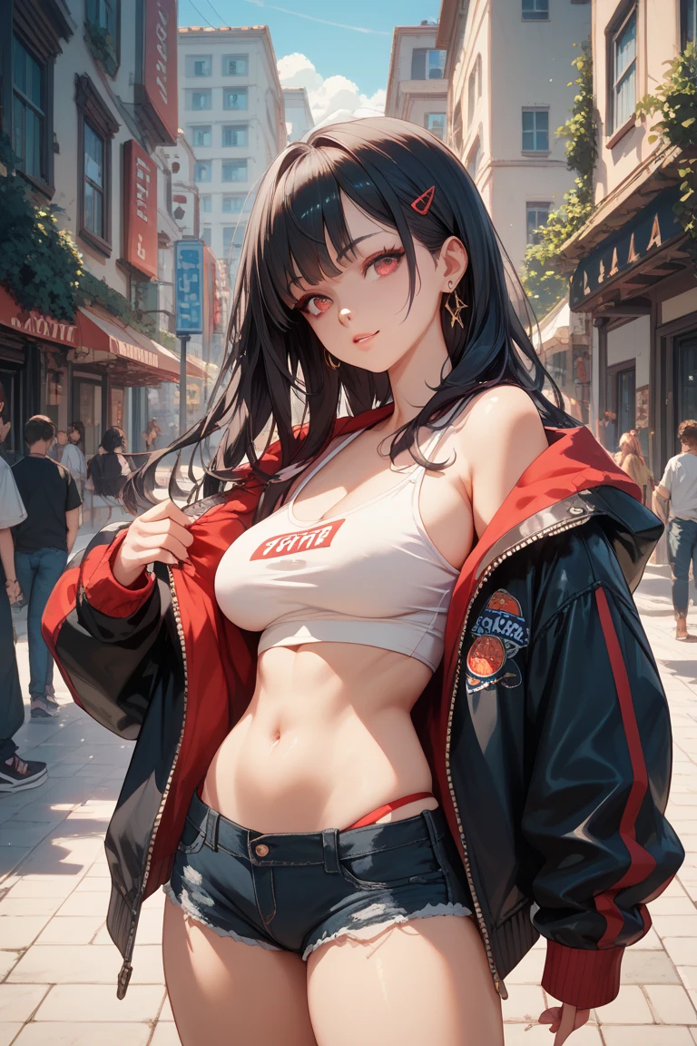 1 lady, 独奏, masterpiece, Highest quality, ultra detailed, CG unity 8k wallpaper, Cinema Lighting, Lens flare, Beautiful details in the eyes, Red eyes, Strenuous movements、Collapsed night street、Neon Street、Cyberpunk style、Blade Runner atmosphere、Steam is coming out of the exhaust port on the road surface、The road surface is wet、Fluttering hair, black hair,
red streaked hair , short hair, slicked back hair, abdominals、Bright smile、Half mouth open、White teeth are visible, (black Cargo pants、red Tank Tops、white sneaker), profetional lighting、 Gray Light Lighting, large breasts, muscular, evil smile, evil grin, (sharp eye:1.2),(scowl:1.1), (stare at viewer:1.5), (embarrassed,blush:1.3), ,nsfw,(ecstasy:1.3) ,(slut:1.2),(vulgarity:1.3),(fucked silly:1.1),(steam:1.1),(wet:0.8),(drooling:0.6),(sweat:0.8), crawling position on their hands and knees, (defenseless、Beautiful eyes illuminated by the light、Shiny Hair、Reflected Eyes, )