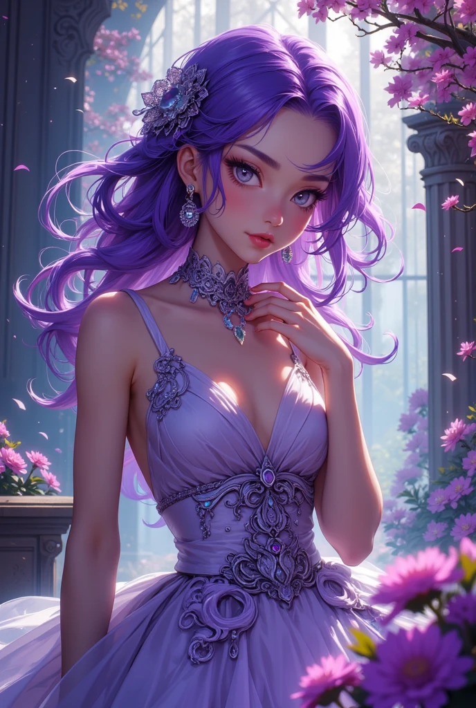 A beautiful girl in a purple field, long purple hair, purple floral crown, serene expression, detailed eyes and lips, delicate skin, graceful pose, sunlight filtering through purple flowers, vibrant colors, cinematic lighting, detailed texture, digital painting, award-winning art, photorealistic, 8k, highly detailed