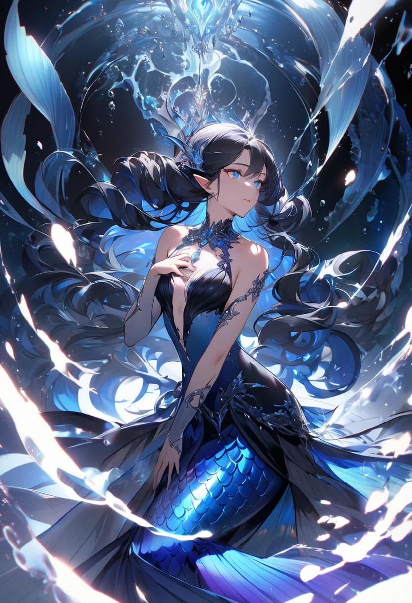 1 girl,(masterpiece, illustration, best quality:1.5), insanely beautiful black ice SKADI little sister, water blue body painting, global illumination, finely detailed, beautiful defined detailed face, beautiful detailed eyes, beautiful detailed shading, highly Detailed body, finely detailed, (3_water_droplets), tilted halos, full body, body lightly covered with frost, frosty wild hair, water elements, water drops, water , dragon eyes, sharp eyes, purple eyes, slit pupils, pointy ears, majestic dress, blue makeup , jowelery, and wet atmosphere, , full body focus, beautifully detailed background, cinematic, K, UHD, by Li Yue, pink and blue gems , transparent sky blue scarf , royal blue dress