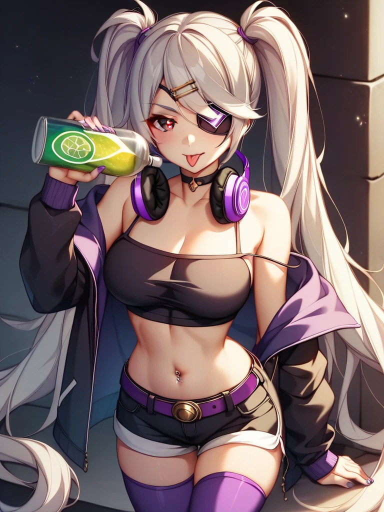 (masterpiece, best quality:1.2), <lyco:consolechan_xbox-09:0.9>, <lyco:concept_bubbleteachallenge-16:1.0>, solo, 1girl, xbox-chan, bubble tea challenge, drinking straw, crossed arms, ponytail, hair ribbon, clothing cutout, stomach cutout, cape