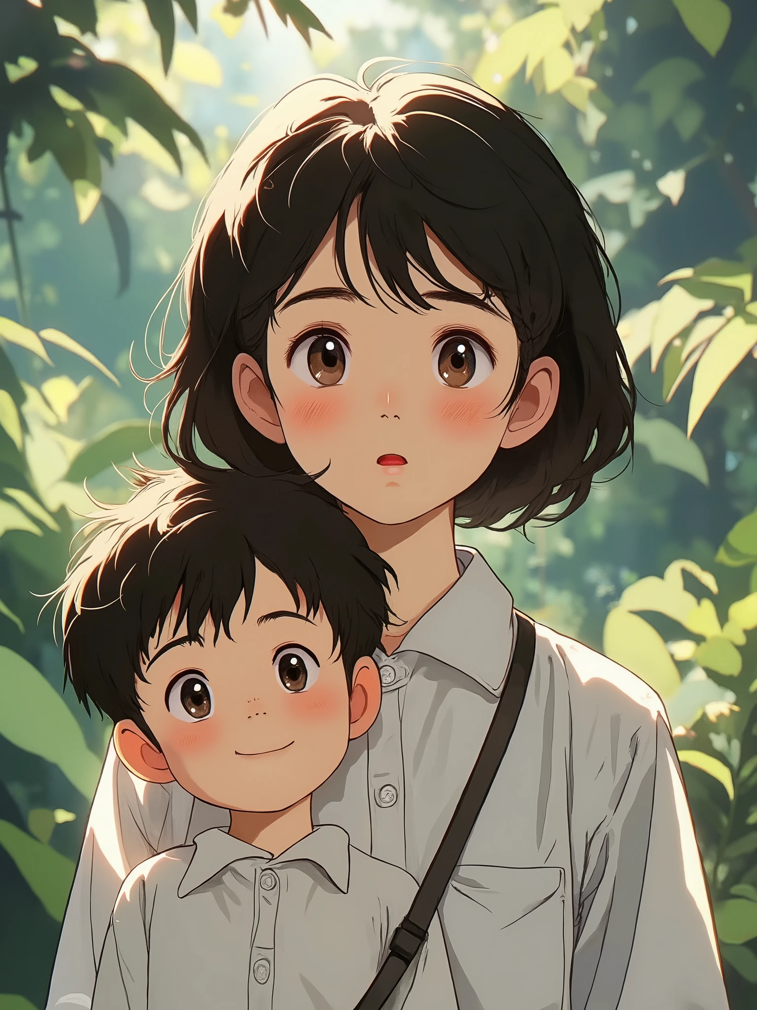 Anime Ghibli woman and boy dark brown eyes 