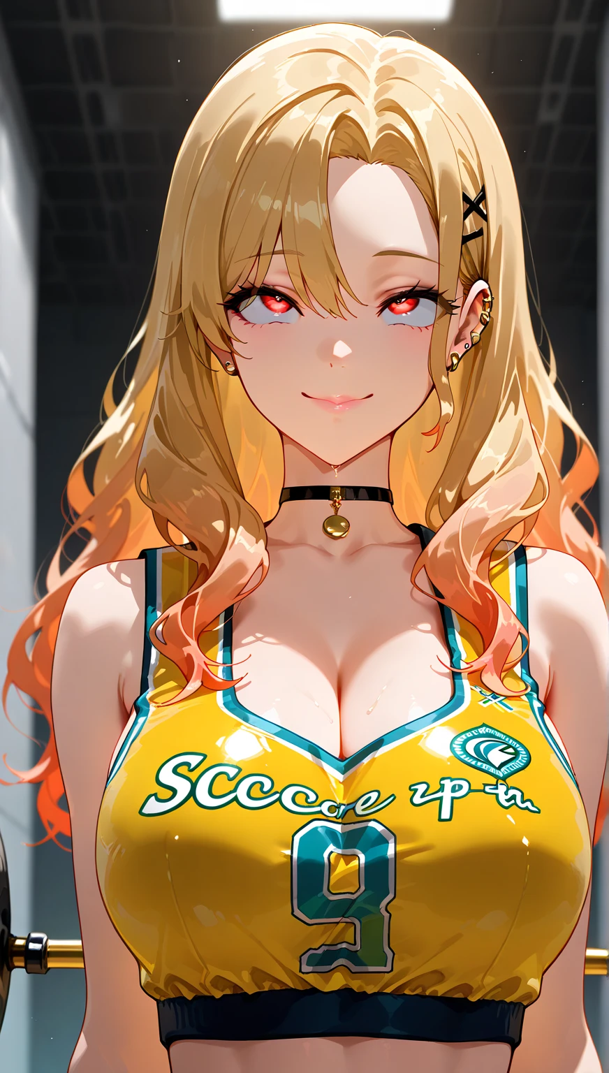 (Highest quality:1.2, High Detail, masterpiece:1.2, Best aesthetics), (1 girl), Beautiful woman, Beautiful detailed eyes, Beautiful detailed lips, Highly detailed face, Delicate depiction of hair and eyes, Detailed Fashion, (detailed background:1.2) ((Portraiture, Cowboy Shot)), Aqua Eye, huge ahoge, Mouth open, Earrings, View your viewers, attractive breasts, huge breasts, upper body, full body from knees to head, gaze away, gaze into the distance, smile lightly, fancy nails, bracelet, medium hair, yellow color inner hair, yellow hair, (volleyball wear:1.4)