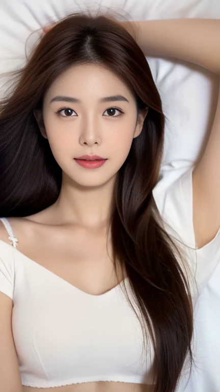 Very detailedな CG Unity 8k 壁紙, Highest quality, Very detailed, Tabletop, Realistic, photo-Realistic, Very detailedなかわいい女の子, Age 25, ,, Completely naked、Seduce、Sexy pose、 ,Big Breasts,Spreading her legs、Captivating smile、Mouth open、Sleeping on your back、overhead shot
