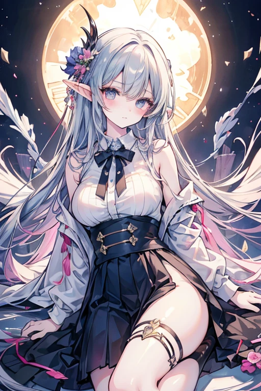 ((((Obra maestra, La mejor calidad, ultrahigh resolution)))), 1girl, standing,), ((long pure aqua hair, hair over eye)), long hair cut, shiny skin, ((golden eyes)), glowing_eyes, neon eyes, (ultra detailed eyes:0.7, beautiful and detailed face, detailed eyes:0.9), ((centered)), smirk, facing viewer, ((vibrant background, dark lighting, summer, sunlight)), large chested, looking at viewer, ((half closed eyes)), ((perfect hands)), (((head:1, arms, hips in view, elbows, in view))), ((hands behind back)), empty eyes, beautiful lighting, ((outside, outdoors)), defined subject, head tilt, (((gritty)), ((creepy)), ((cool)), ((beautiful)), (((SFW))), hair ornament, petals in the air, moon in the sky, city, mature woman, adult woman, sfw, dark blue dress, night dress, she is a princess, twin-tails,