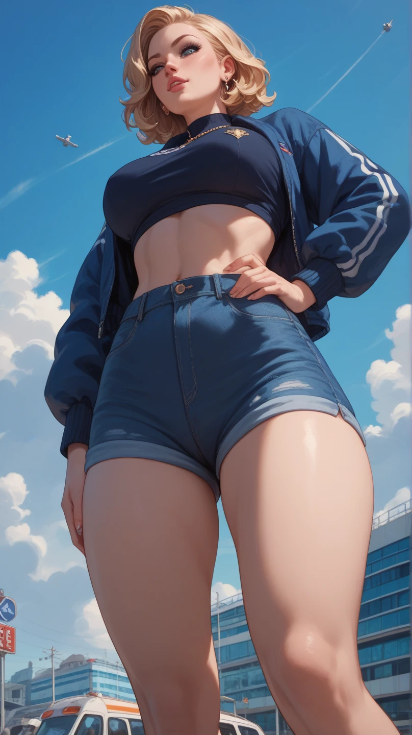 One girl, with large breasts (realistic style, bright colors), dynamic, playful, with a bustling center, wearing a combination of (tomboy: 1.3), fashionable (slip dress: 1.2, short jeans: 1.5), chic style (short blonde: 1.2). (Peak cap: 0.9). black hair with red highlights, red eyes, ruffled shirt,