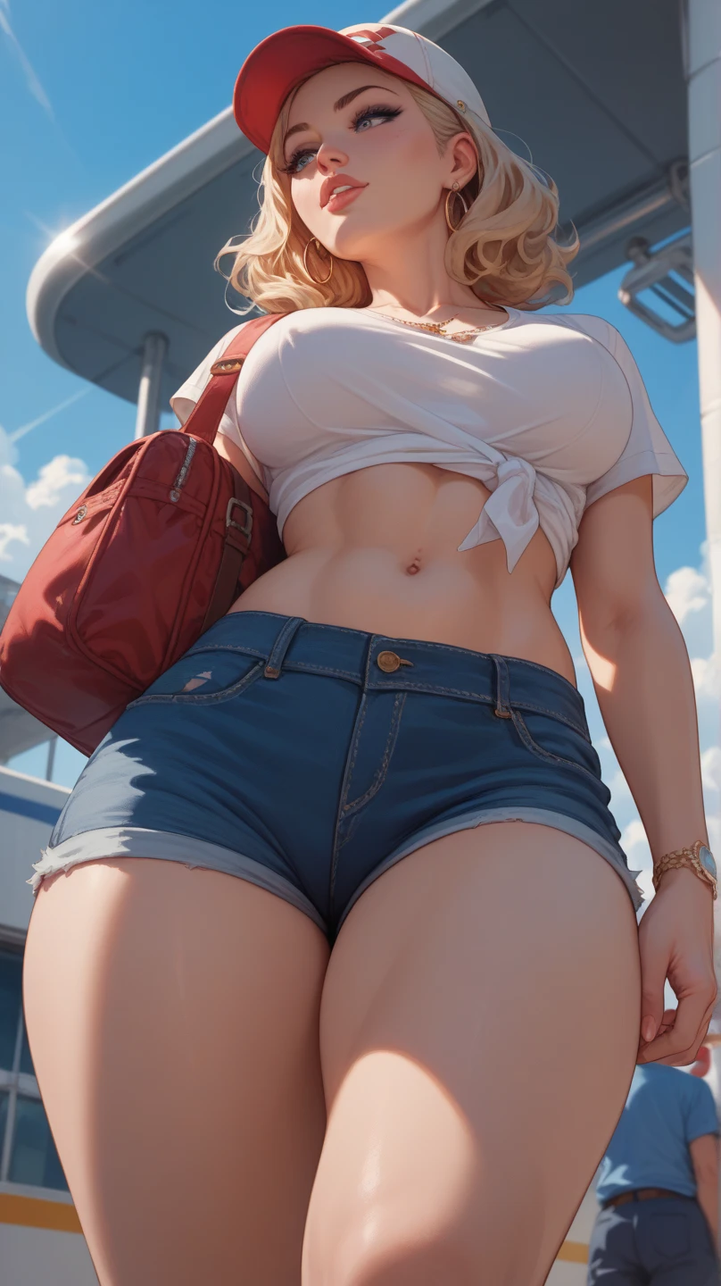 photorealistic,denim skirt,tanned gyaru,curvy body,blushed,from below,upskirt,(pubic hair),japanese cute girl,