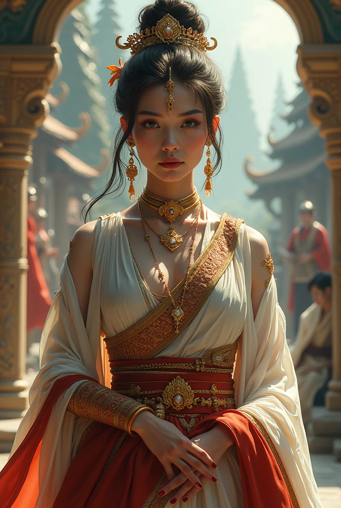 flux-style, portrait full body female Indonesian princess with slim curvy body, in Indonesian temple in 10th century surronded by servants, Cleavage, painting by jean ingres, Frank Frazetta, Boris Vallejo, Julie Bell, realistic, trending on artstation, featured on pixiv, cinematic composition, extreme detail, metahuman creator