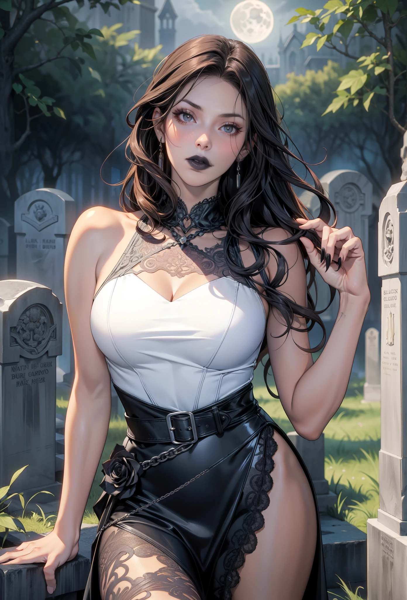 sexy Goth woman, standing in a graveyard at night, long dark hair, pale skin, black lipstick, dark eye makeup, gothic lace dress, holding a black rose, moonlight, fog, gravestones, dead trees, moody, dark, mysterious, chiaroscuro lighting, photorealistic, 8K, highly detailed, cinematic, dramatic, gothic fantasy