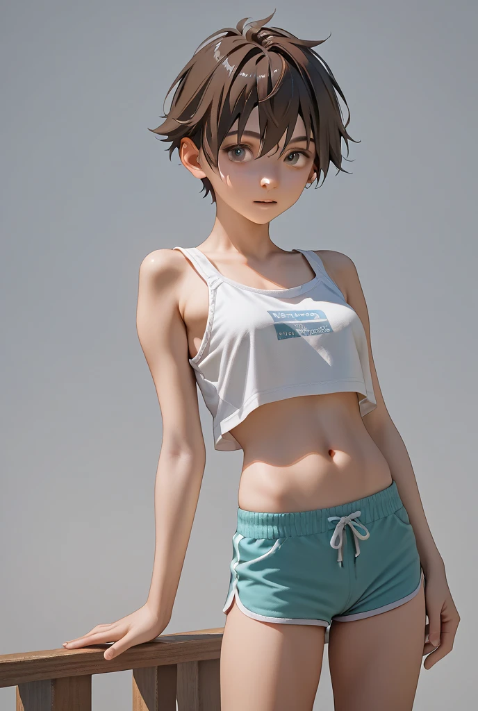 ((masterpiece)),((highest quality)),((High resolution)),((Anatomical)),((Realistic)),((Detailed Description)),((cute)),((((garden)))),(((1 little boy))),(((Shota))),(((neutral))),((8-year-old)),((Beautiful eyes)),(((ponytail))),((Baby Face)),((low length)),((Petite)),((slender)),((A big smile)),(((Tube top))),(((Denim high cut shorts))),(((sneakers))),(((Brown skin))),((Full body view)),((Looking up at the camera)),