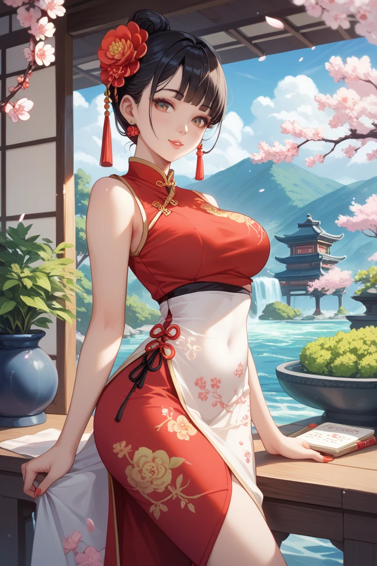Real beauty,Breast exposure,Clear bottom body line structure,Kpop idol Korean kpop standard big breasts, medium-sized thighs, modern braided hair, detailed earrings, typical chinese cheongsam , wet transparent rib