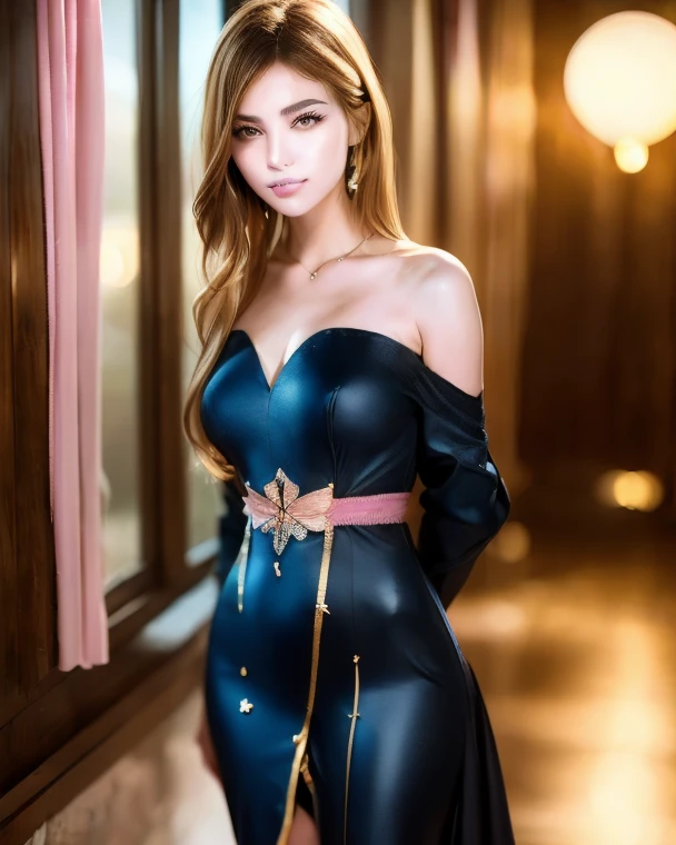 best quality, highly detailed, ultra-detailed, illustration, masterpiece,extremely detailed eyes and face, incredibly_absurd resolution, (blonde hair) , 1girl, deep blue Evening Gown with Sequin Embellishments, necklace, earrings, slim waist, light smile,upper body, facing towards the viewers, dynamic pose