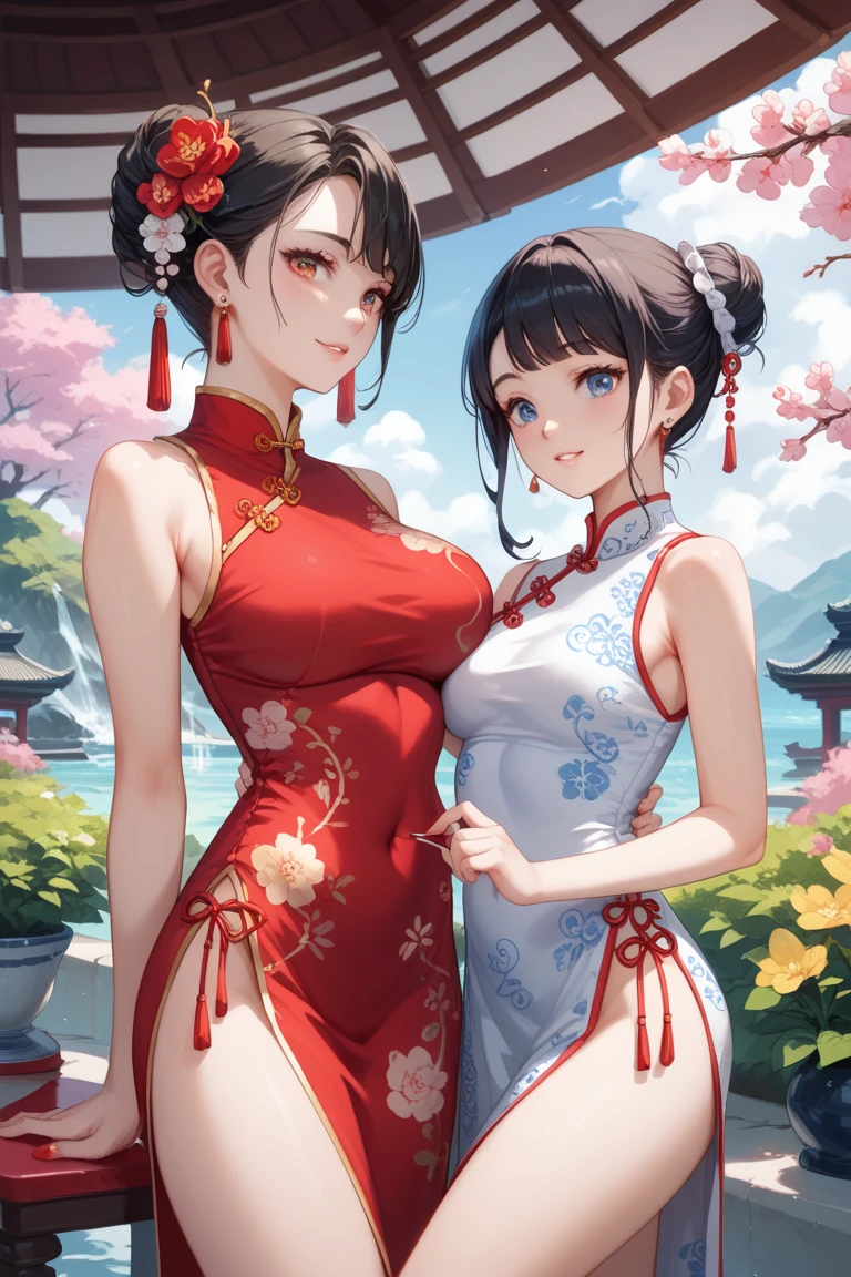 Two people,(Masterpiece:1.2, Best quality), Realistic, (Real picture, Intricate details, Depth of field), (1girll, Solo), make up, parted lip, highly detailed, Perfect face, (Huge breasts:1.4), (skin indentation), Thick thighs, Wide hips, Small waist, Tall, glossy coral lips, hair straight,Delicate and beautiful hairstyle,red color eyes, pony tails, (Girl playing beach volleyball, white volleyball suit), (full of sweat:1.2), (Wet), Sexy, Blushing, (gigantic cleavage breasts:3.0),(see-through shirts:1.2),(open shirts),Breasts, Solo, Black hair, upper legs, pony tails,Long hair, cleavage, view the viewer, Realistic, gigantic cleavage breasts, Lips, parted lip, sofe, cropped shoulders, Sitting, bangs, Black eyes, lace-trimmed legwear, Curtains,pony tails,ssmile,(full of sweat:1.2), (Wet), Sexy, Blushing, (gigantic cleavage breasts:2.0),(see-through shirts:1.2),(open shirts),Colorful lace-trimmed lingerie,Chinese style underwear,Transparent cheongsam --auto