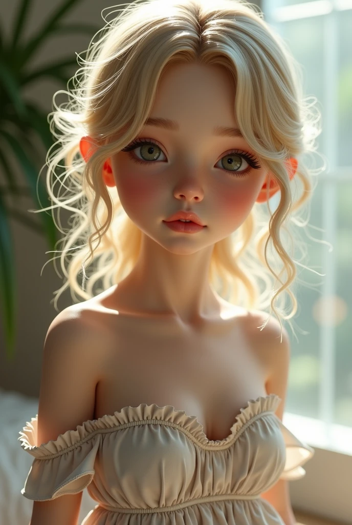 seventeen year old girl with bright wise grey eyes and fluffy, voluminous cloud of platinum blonde. The curls are soft and bouncy, framing her face like a halo, short hair siting on a garden bench in a garden