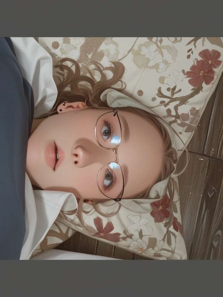 chubby girl, Blonde with green eyes, short hair, round facial features, glasses with black square frames Black lace lingerie, lying in bed