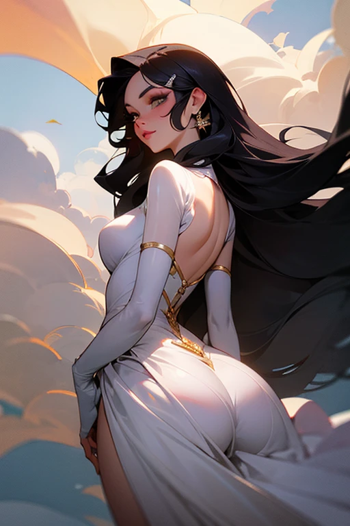 ((top-quality,photorealestic,Realistic 8K, tmasterpiece: 1.3)), ((Full body like:1:2)),Telescopic shot: 1.4,Delicate, (( perfect bodies)),((Bigchest)),((The background is under the stars)),White lace dress: 1.1, Highly Detailed Face and Skin Textur,,1girll,Cocked buttocks, Whitens the skin, ((cabelos preto e longos:1:1)), Smile back,