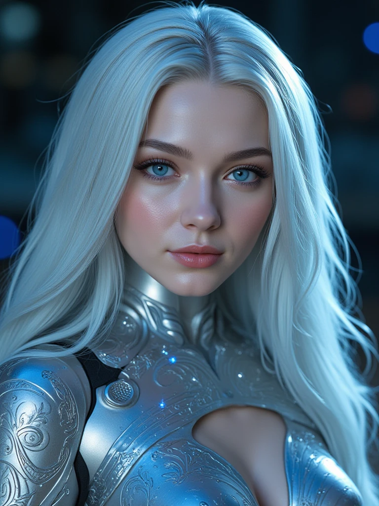 ((best quality)), ((masterpiece)), (detailed), perfect face, a beautiful woman with white long hair and a sky blue reflection, she has a tufted fringe, she has sky blue eyes in a cyberpunk city with sky blue lights, Total body image.