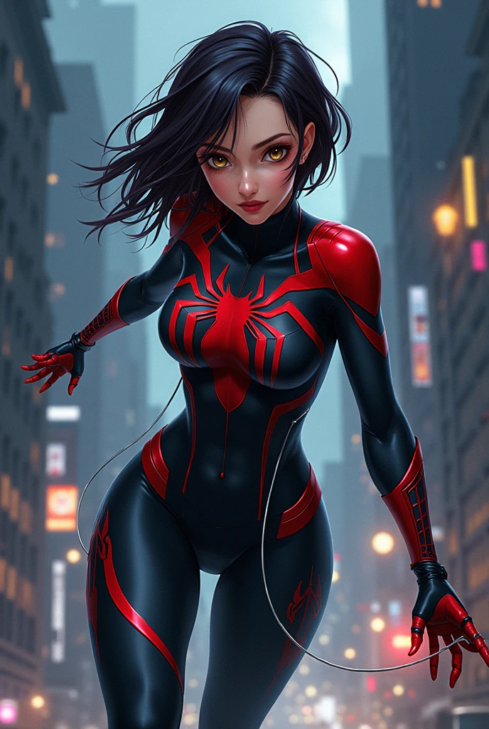 spider-woman, black suit, beautiful eyes, half body, masterpiece, ultra high details