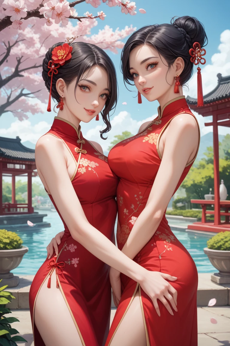 (8k ,Super detailed,Hyper-photorealism,The best masterpiece,Nature,Perfect work of art,Perfect female body),Two cute busty girls ,(large tities),Antique Flower Wedding,Antique Flower Wedding,Chinese red wedding dress,Phoenix Guanxia,Fashionable Hairstyle,Elegant and sexy bride,On a quaint street,Wear a sexy retro red wedding dress,Built-in thong,Large cleavage,,Stretch the meat,Sexy bulge,Exposure ,tit,full-body shot