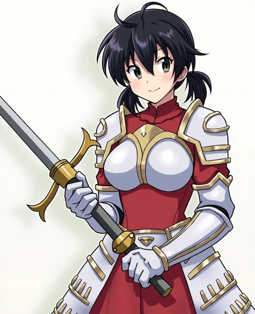"(masterpiece:1.1), best quality, 
1girl, (80s anime style:1.3), (eyelashes:1.5), (loli:1.2), 
(intricate high detailed body:1.2), 
black hair, 
(blunt bangs:1.1), (twin braids:1.1), (crown:1.2), 
red eyes, (lip stick:1.4), 
(gigantic breasts:1.3),
(expressionless:1.2), open mouth, 
(string bikini armor, corset:1.2), (pantyhose:1.1), 
(knight armor, armored boots:1.2), (ribbon:1.1), (jewelry:1.1), necklace, 
standing, crossed arms, 
(upper body, cowboy shot, looking at viewer, from front:1.1),
(daytime, woods, grassland, outdoors:1.1)"