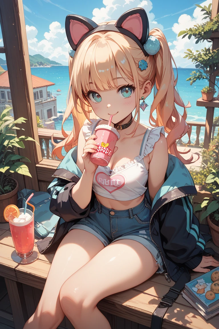 masterpiece, solo girl, (young female body:1.4), (medium small breasts), cowboy shot, flustered, yellow golden hair, extra gold long hair, thick wavy hair, hime cut, blunt bangs, crystal blue eyes, light blue detailed eyes, low ponytail, black knotted button up shirt, black tied shirt in the front, cropped knotted beach shirt, long sleeves, exposed midriff, cleavage, black shirt, white shorts, white jean shorts, sitting on a bench at a summer festival, night festival, crossed legs, sitting crossed leg, one leg over the other, holding a milkshake, milkshake with a straw