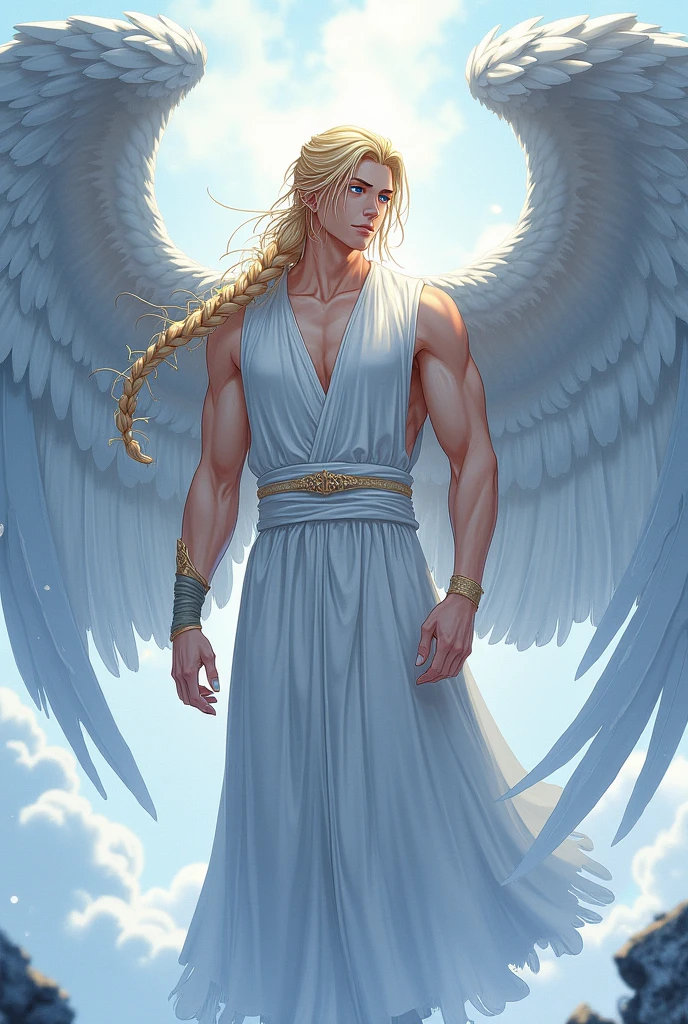 an archangel priest, handsome, attractive, slender, with long wavy light blond hair, with blue eyes, muscular torso, light cream pants, huge white wings, staff and a sword, against the background of the blue sky with clouds and rays of sunlight