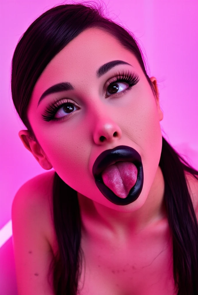 kim kardashian, by white, black latex body suit, Cara de Ahegao, concert wall in the background (masterpiece:1.2, Best Quality:1.2, beautiful, high quality, High resolution:1.1, Aesthetic), detailed, extremely detailed, Soft ambient lighting, 4k, Perfect eyes, angular face, Sharp Features, big nose, perfect lighting, 1 girl,