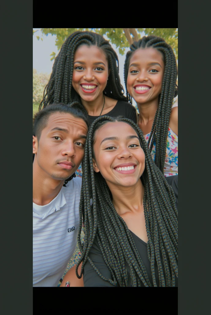 Portrait of black throuple in love, 2 stuning 30 year old black women and 1 black man, smile, blush, tight body, fit body, official art, ultra high res, professional photography, sharp focus, HDR, 8K resolution, intricate detail, sophisticated detail, depth of field, analogue RAW DSLR, photorealistic, (8k, best quality, masterpiece, ultra highres:1.2),