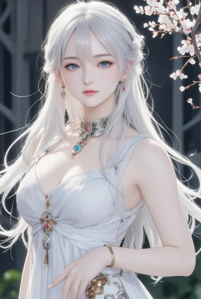 unparalleled masterpiece, ultra realistic 8k CG, perfect artwork, ((perfect female figure)), white hair, red eyes, mature female, milf, narrow waist, chinese deity, looking at viewer, seductive posture, sexy pose, alluring, clean, beautiful face, pure face, pale skin, absurdly long hair, (huge breasts, nsfw, breasts out, puffy, divine goddess, shiny skin, skindentation, lace, lace trim, lace-trimmed legwear, delicate pattern, intricate detail, (rich:1.4), prestige, gorgeous, luxury, royal palace, jewelry, gem, gold, silver, diamond, glint, sapphire, ruby, emerald, pearl, amber, obsidian