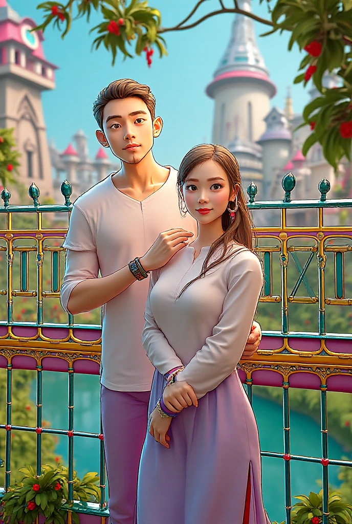 anime boy and girl,black hair for both,headrest girl on boy's shoulder,detailed facial features,beautiful sparkling eyes,long eyelashes,smiling lips,soft expressions,stylish clothes,fashionable outfits,colorful background,romantic atmosphere,soft lighting,airy and dreamy feel,highly-detailed artwork,vivid colors and tones,anime-style illustration,high-res digital painting,professional quality,perfectly composed,emotional connection between characters.