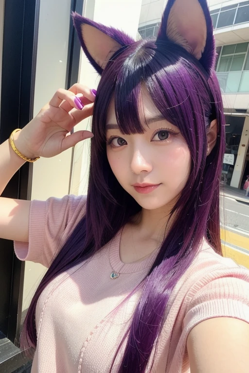 Human has cat ears, purple hair, cute