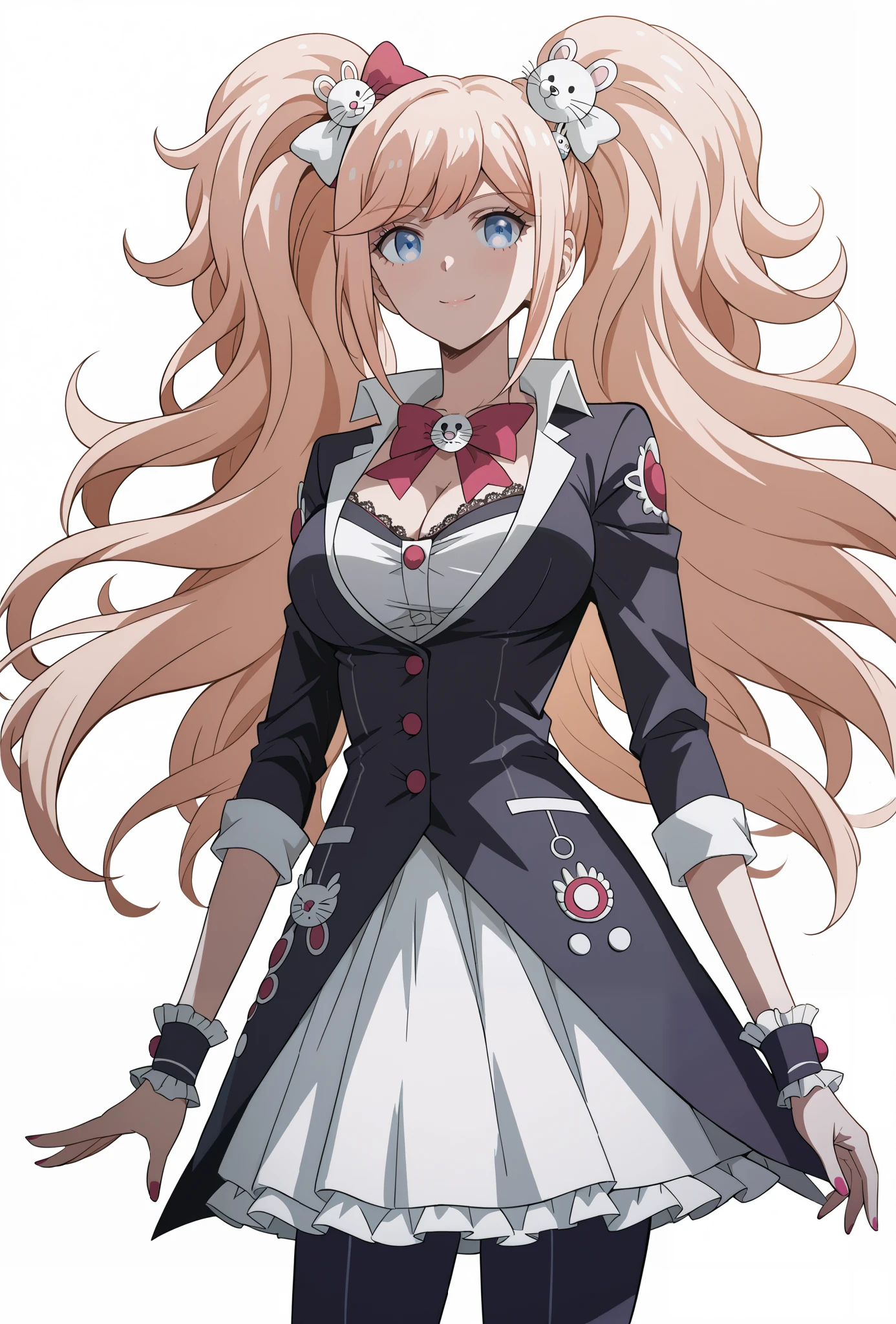 score_9, score_8_up, score_7_up, source_anime, 4K,perfect fingers,(perfect hands, perfect anatomy),prefect lighting, very aesthetic, intricate details,highly detailed background, masterpiece, high quality, best quality,
1girl, junko enoshima, long hair, bangs, blue eyes, pink hair, hair ornament, twintails, bear hair ornament, Large Breast,
wearing ((magical girl costume, )),
Standing, A sagging breast, ((White plain background:1.5)) , looking at the spectator,