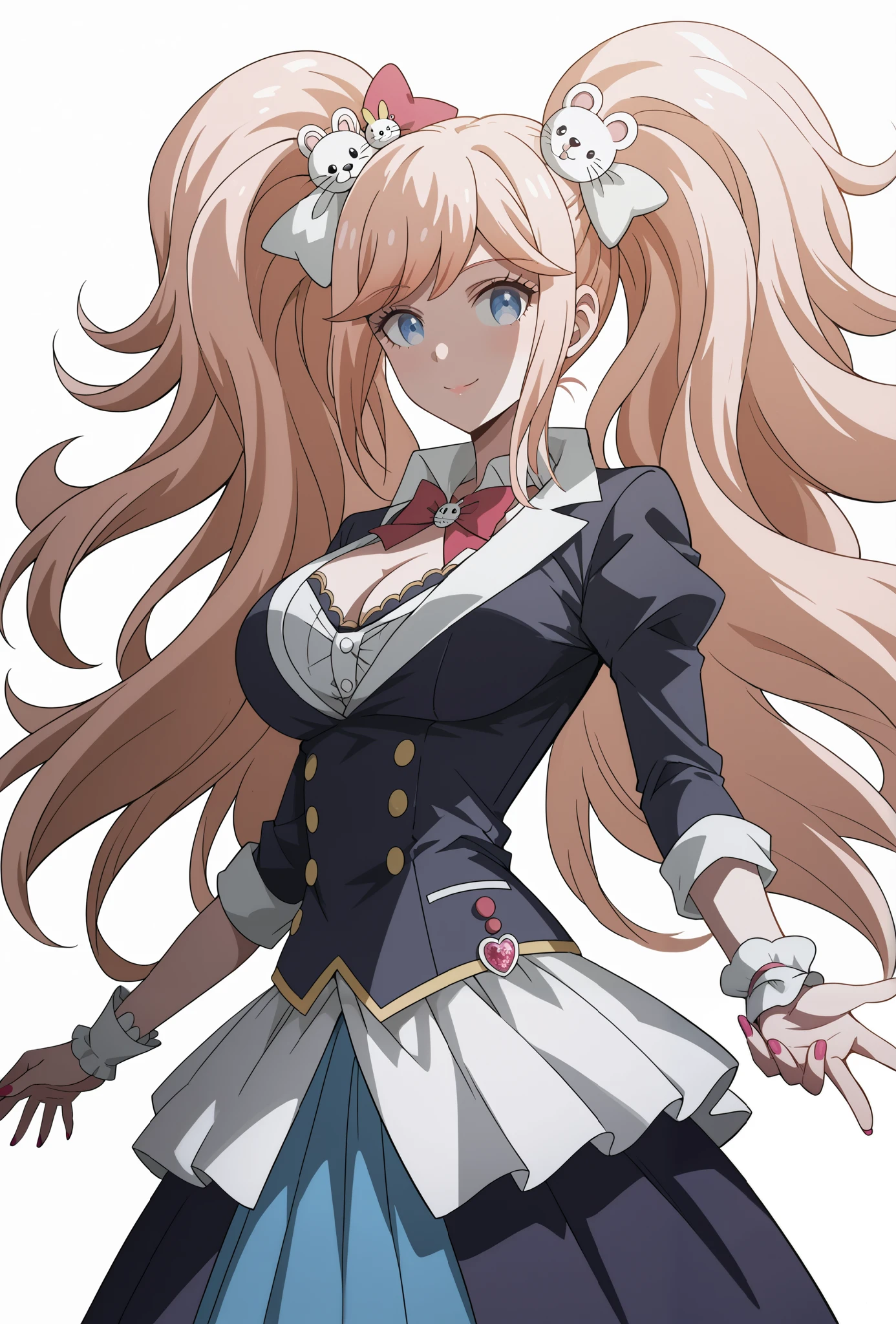 score_9, score_8_up, score_7_up, source_anime, 4K,perfect fingers,(perfect hands, perfect anatomy),prefect lighting, very aesthetic, intricate details,highly detailed background, masterpiece, high quality, best quality,
1girl, junko enoshima, long hair, bangs, blue eyes, pink hair, hair ornament, twintails, bear hair ornament, Large Breast,
wearing ((magical girl costume, )),
Standing, A sagging breast, ((White plain background:1.5)) , looking at the spectator,