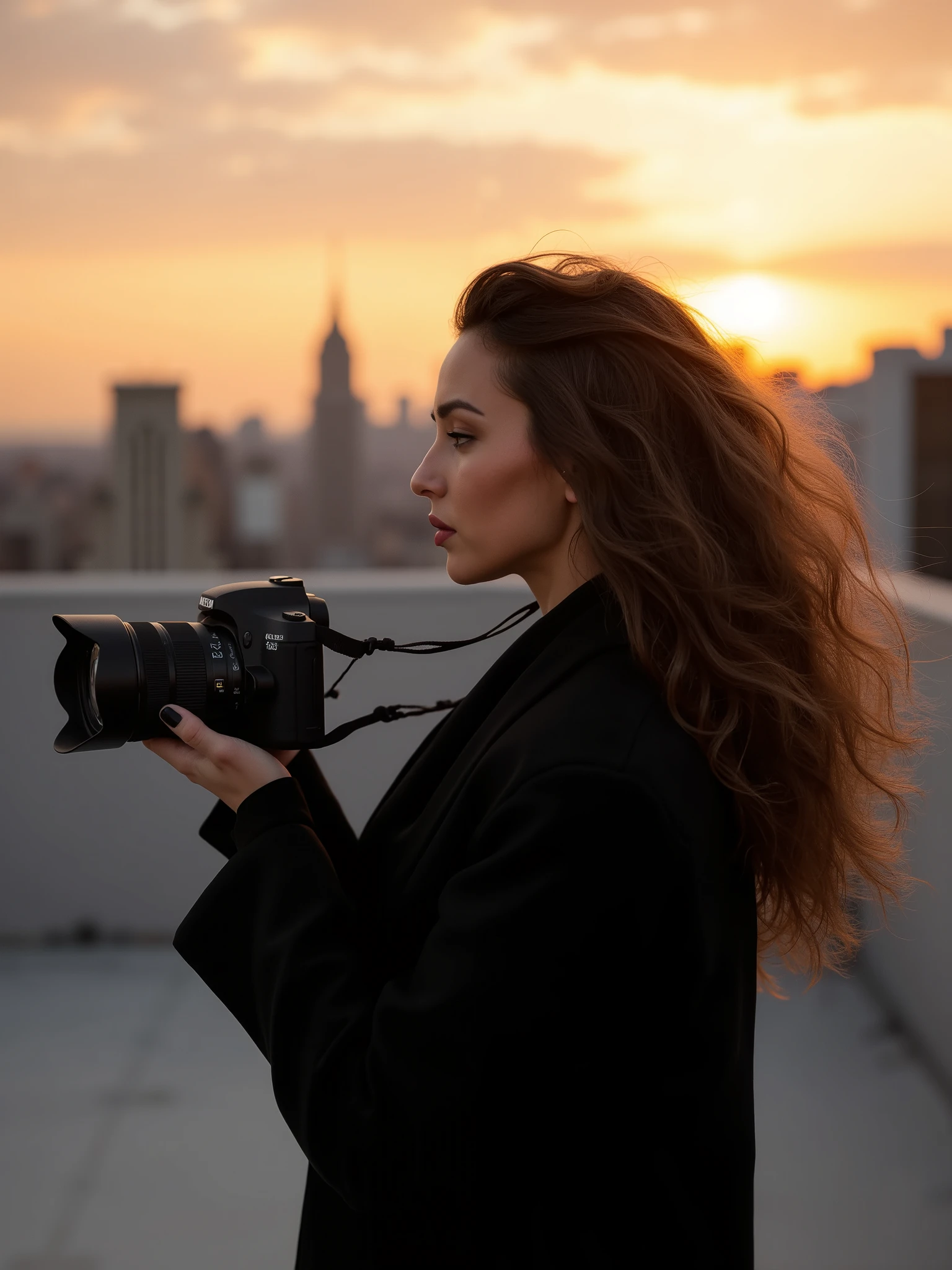 A stunning fashion photographer with long, wavy brunette hair, dressed in an elegant black outfit, holding a high-end DSLR camera. She is mid-action, capturing a model on a rooftop at sunset. The skyline behind her is glowing with warm tones, and her expression is intensely focused. Vogue cover aesthetics, ultra-HD, dramatic lighting.