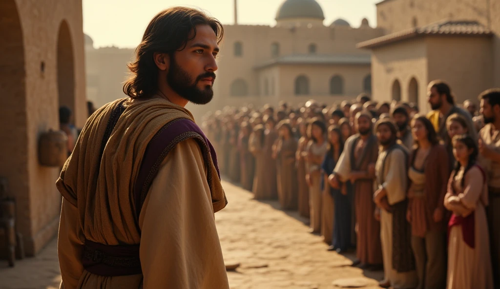 "Jesus walking towards the Temple, wearing modest robes, 1st century, observing the busy market and merchants, the Temple in Jerusalem, a sacred place turned into a marketplace, stalls and traders in the background, hyper-realistic, photo realism, cinematography -- ar 9:16"