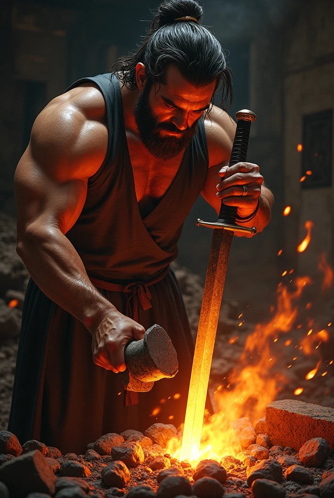 A man with a fit body is holding an ax above his head and is attacking through a portal