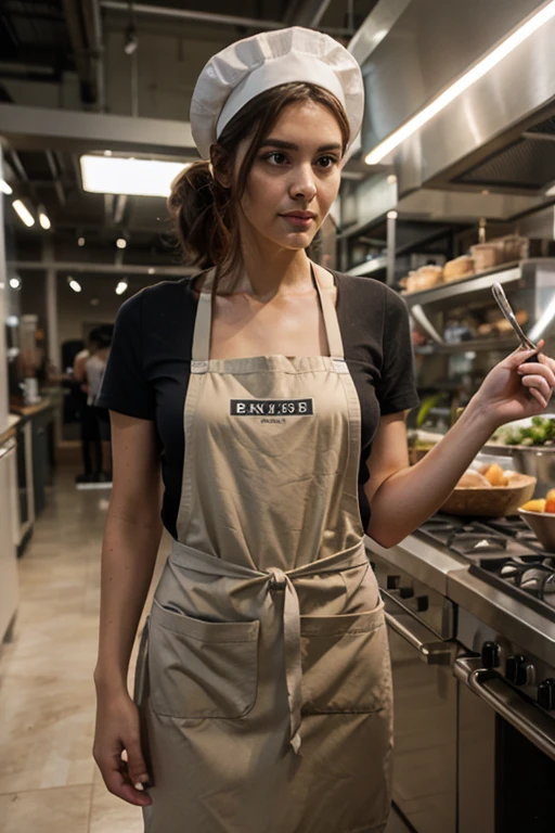 Alessia Bianchi, 20 year old italian woman, black hair, ((blue eye)), wearing apron, naked, in kitchen, chef hat.