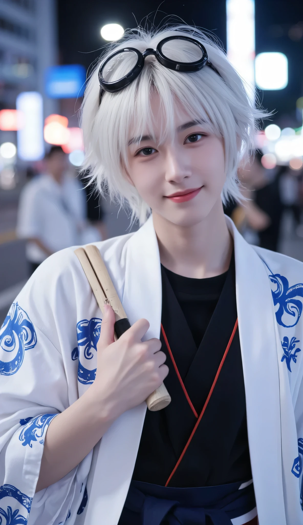A young man with messy, short white hair, bright and playful eyes, and a cheerful yet slightly mischievous expression. He wears a unique outfit inspired by traditional Japanese samurai robes, consisting of a white kimono-style top with blue swirling patterns on the sleeves and hem, layered over a black inner shirt with red trimmings. A dark blue sash is tied around his waist. He also wears black goggles resting on his head.
He carries a wooden bokken (wooden sword) casually over his shoulder. His pose is relaxed and confident, exuding an energetic and carefree personality.
The background features a blurred cityscape at night, with neon lights glowing, creating a lively yet atmospheric setting. The shot is taken in a cosplay photography style, capturing details up close. The camera angle is tight and slightly tilted, focusing on his face and upper body, just like a real-life cosplay portrait. The lighting is soft yet vibrant, enhancing his features and outfit textures. Ultra-detailed, hyper-realistic lighting and shading. 8K resolution for maximum clarity and depth.