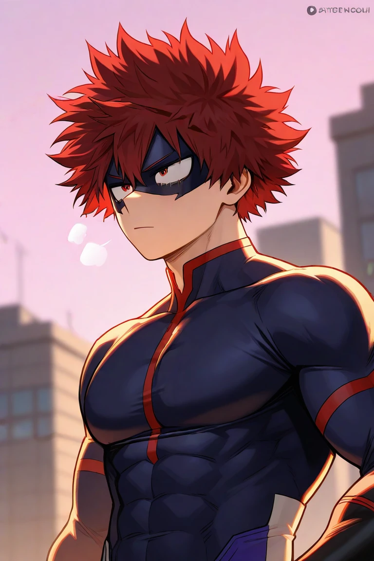 Endeavor, my hero academia, from front, super fine, bodysuits, middle-aged man, hunk, looking down and mouth wide open with shocked face, groin grabbed, groin squeezed,