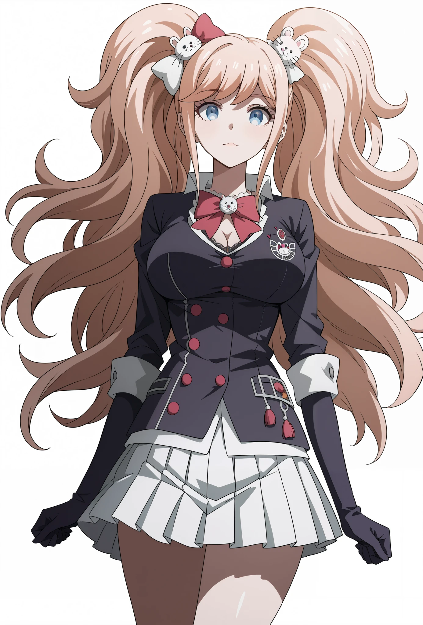 score_9, score_8_up, score_7_up, source_anime, 4K,perfect fingers,(perfect hands, perfect anatomy),prefect lighting, very aesthetic, intricate details,highly detailed background, masterpiece, high quality, best quality, 
1girl, junko enoshima, long hair, bangs, blue eyes, pink hair, hair ornament, twintails, bear hair ornament, Large Breast,
wearing ((magical girl costume, White pleated skirt with trim lines、long gloves、)),
Standing, A sagging breast,  ((White plain background:1.5)) , looking at the spectator, 