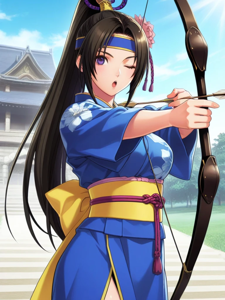 Asian woman with blue eyes wearing a kimono, with a blue bow and arrow in his hand. 
