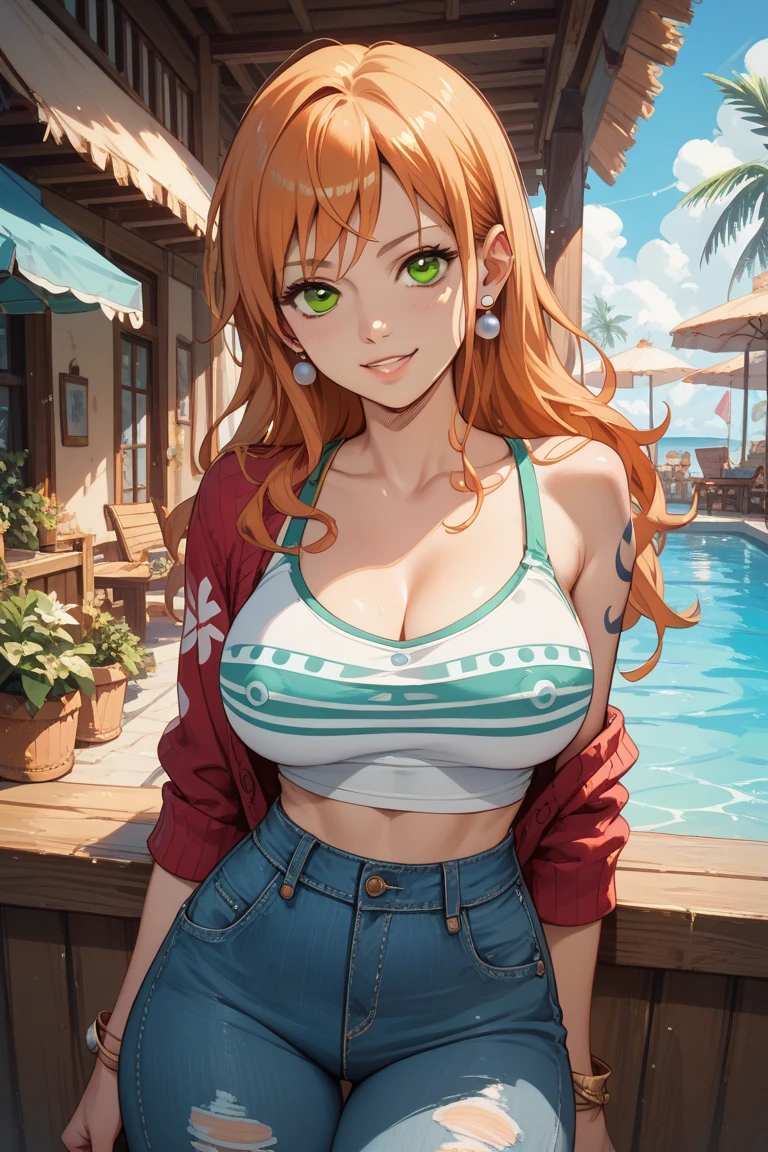 (masterpiece, best quality:1.2), intricate details, nami cosplay, bikini, jeans, light smile, valorantViper, green eyes