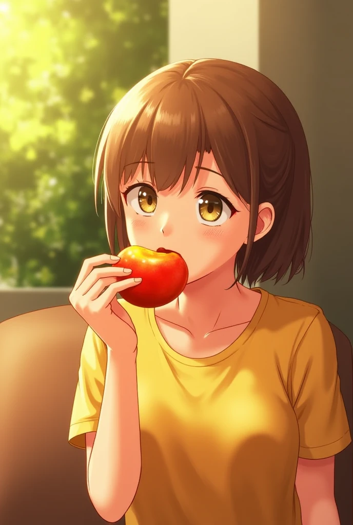 (masterpiece), in room, sitting, table, head tilt, I look at the viewer, hold a peach, 1 Girl, light imperceptible smile, Medium hair, light brown hair, peel a peach, рядом на tableе тарелка с персиками(reproduction of a painting "Girl with peaches")