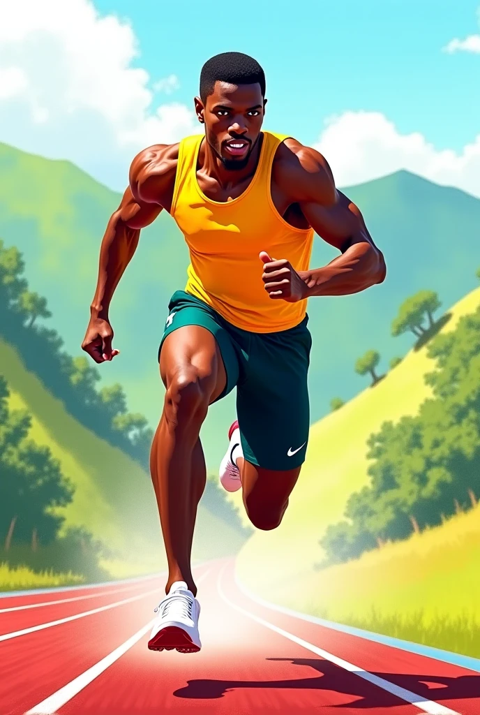A man running, wearing sports outfits. Outdoor, street,
African (masterpiece best quality:1.2) delicate illustration ultra-detailed, illustrations, bright, colourful,