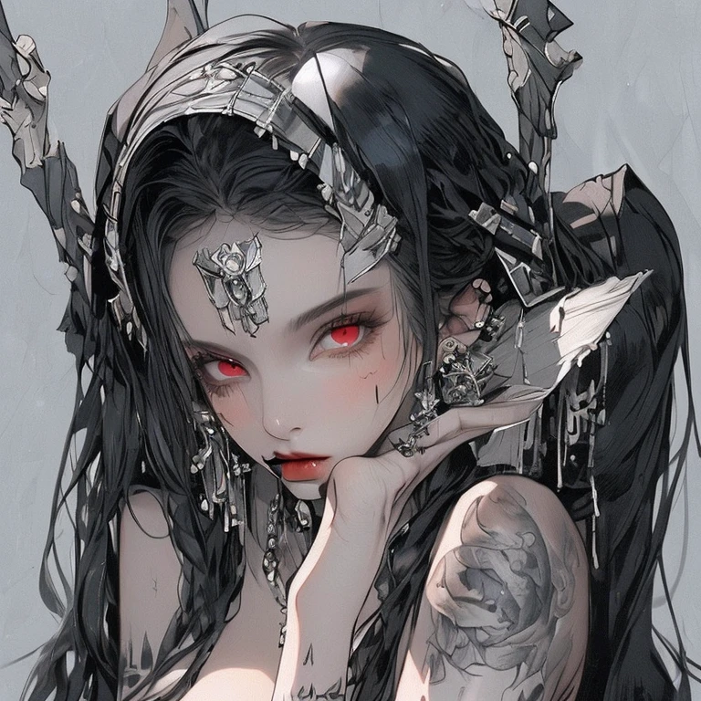 Create an elaborate piece of artwork featuring a female figure with tattoos. The style should resemble intricate black and white illustrations, showcasing fantastic and grotesque elements. The painting should depict detailed character illustrations with a sense of reflection and stillness, incorporating chromepunk aesthetics and fantasy characters.