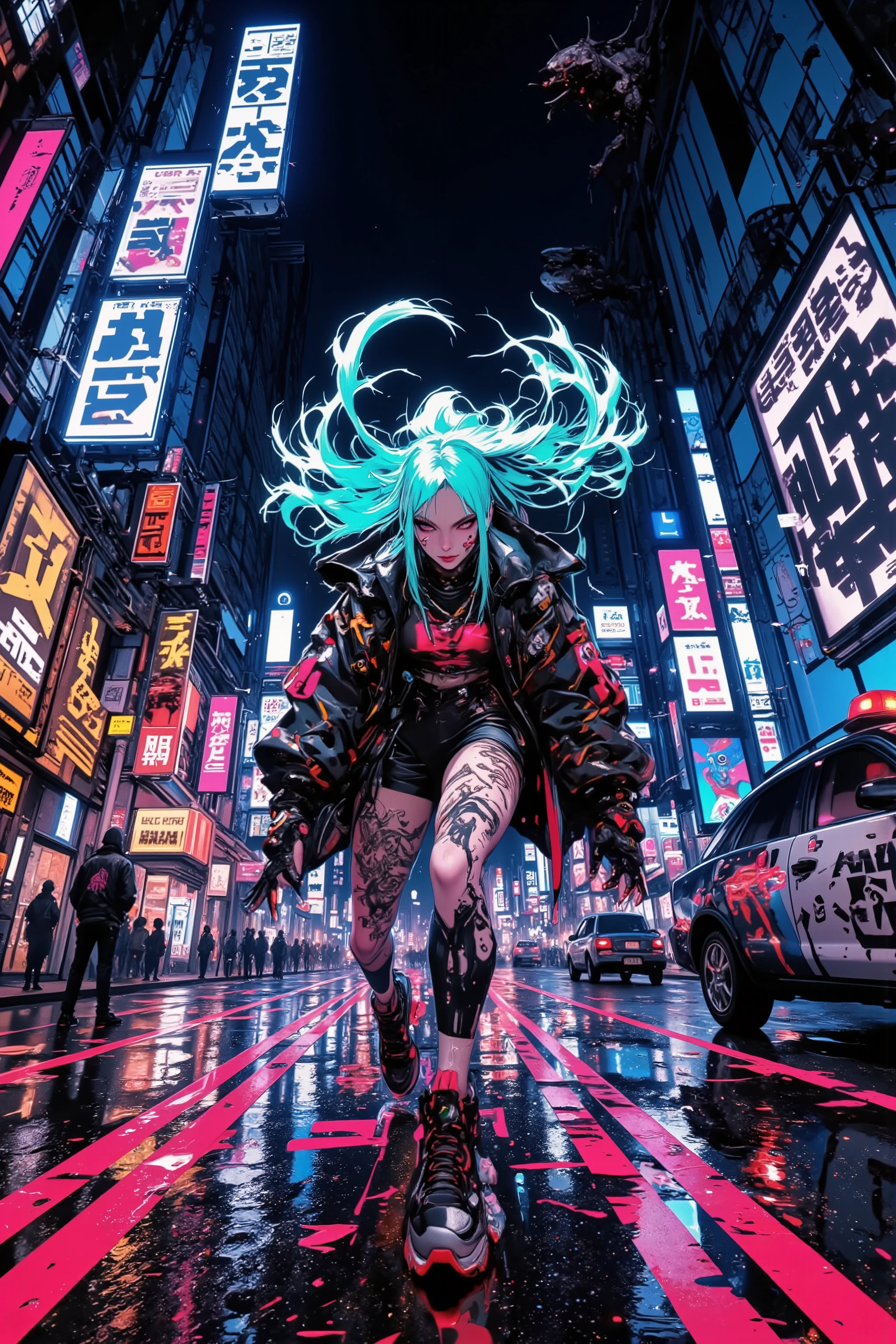 A very young and very brazen girl, dressed in street clothes inspired by cyber-punk space, runs fast through the city at night, shaved temples, very long whipped bright turquoise hair, provocatively bright makeup, causing a rave sensation caused by caffeine, akin to a video game. The scene combines elements such as accelerated Miami synthesizers, breaks, slow-motion urban landscapes of the jungle, overlapping police sirens, buzzing sounds and manga monsters turning corners. The rich composition is made by a ground-level camera shooting scenes in pixel graphics using the CMYK palette. It includes a feminine low-fi aesthetic, stunning pixel graphics, and animations of urban landscapes with neon signs, blue lights, and shadows of black monsters. The visual effects are reminiscent of pixel animation frames or game illustrations inspired by the works of Mamoru, Hosoda and the gaming aesthetics of the 90s. The fisheye effect further enhances the feeling of immersion, diagonal linear perspective, incredible composition, abstract stylization