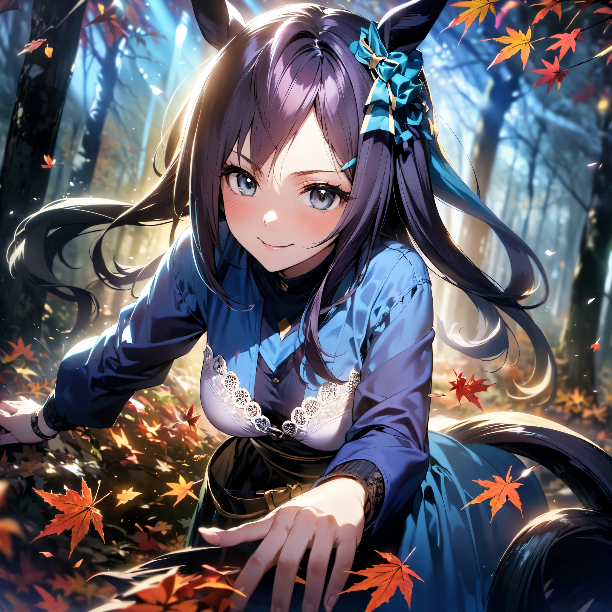 (Solo: 1.5), (Young human girl: 1.5), (Cute horse ears: 1.9), (Horse tail: 1.9), (Round face: 1.9), (Large breasts), (Looking at camera), (Smiling sweetly: 1.5), (Hair blowing in the wind), (Dark blue long sleeve lace dress: 1.9), (Black pantyhose), (Blushing), (Leaning forward: 1.5), (Dark background, autumn leaves, autumn forest, starry sky: 1.5), (Strong wind), (Accurate human anatomy: 1.5), (Animated illustration: 1.5), (Excellent, high quality, high resolution), (Upper body close-up: 1.5)