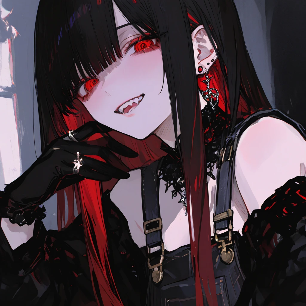 The image shows a girl with long, wavy black hair and red eyes, dressed in a gothic-punk style. She wears a black baseball cap with a white skull emblem on the front. Her ears are adorned with multiple earrings, including a cross-shaped one and other metallic studs. She has a mischievous smile, displaying her fangs, and is sticking her tongue out slightly.
She is wearing a black choker with a metal ring and a black tank top. Around her neck, she has a necklace with a skull pendant, and several chains are draped over her outfit, adding to her edgy look. The overall vibe is confident, playful, and rebellious.