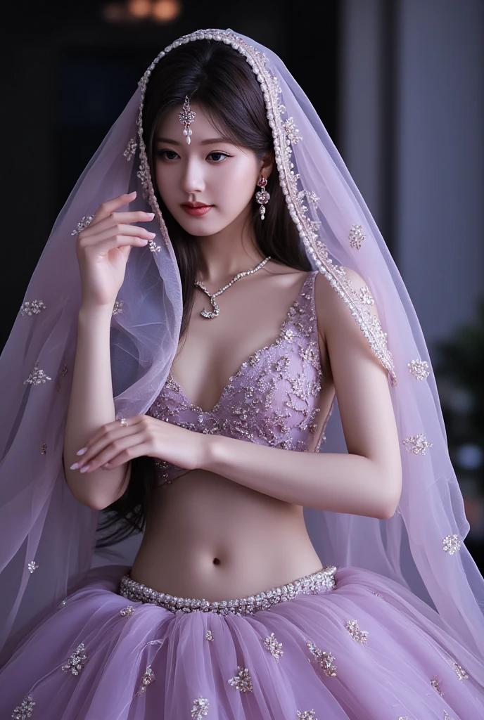 photorealistic, high resolution, soft light,1women, audult, solo, hips up, shining skin, (detailed face), jewelry, small breasts, china goddess, veil, midriff, bare shoulder